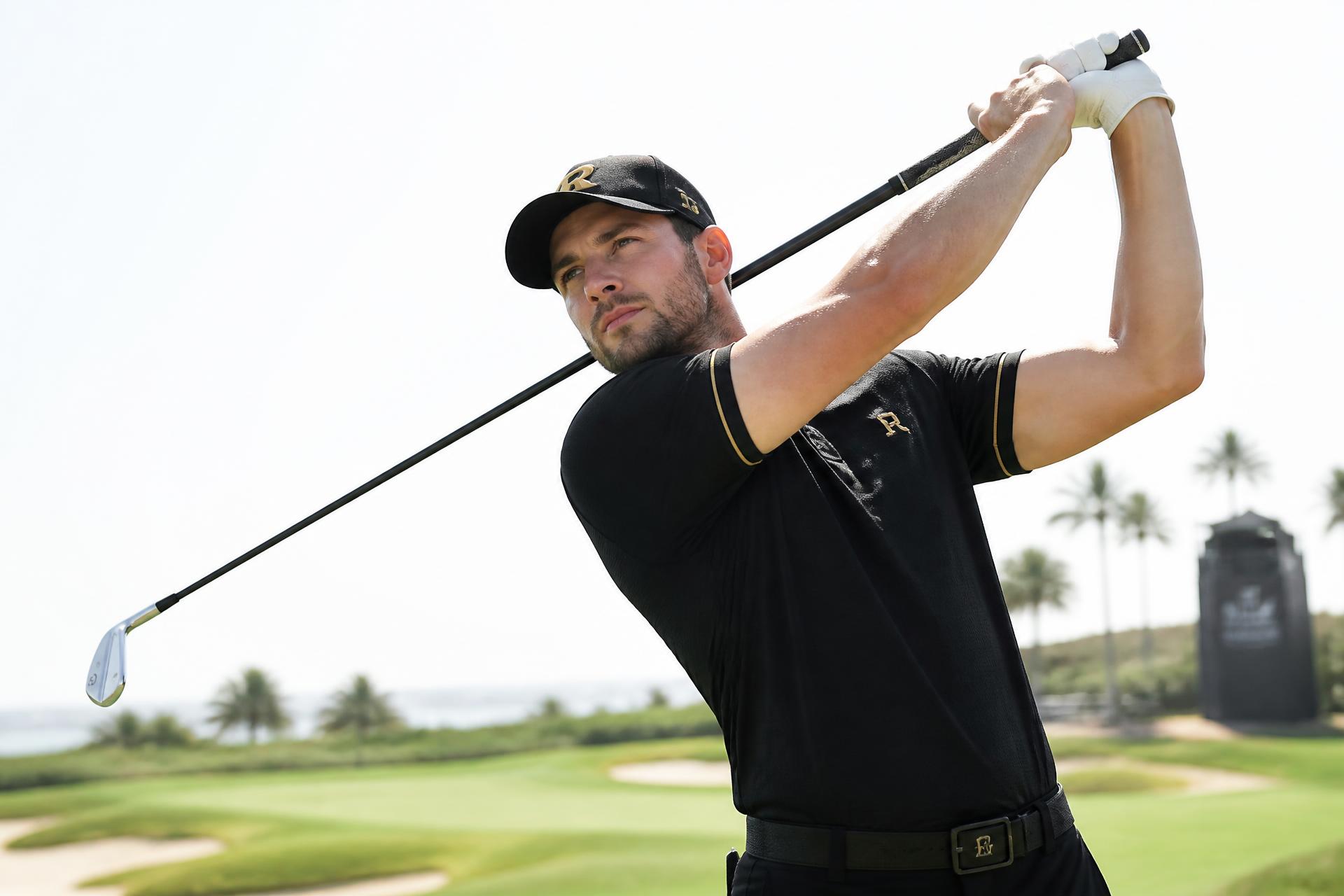 Golfer mid-swing in C&C Designs black and gold golf kit